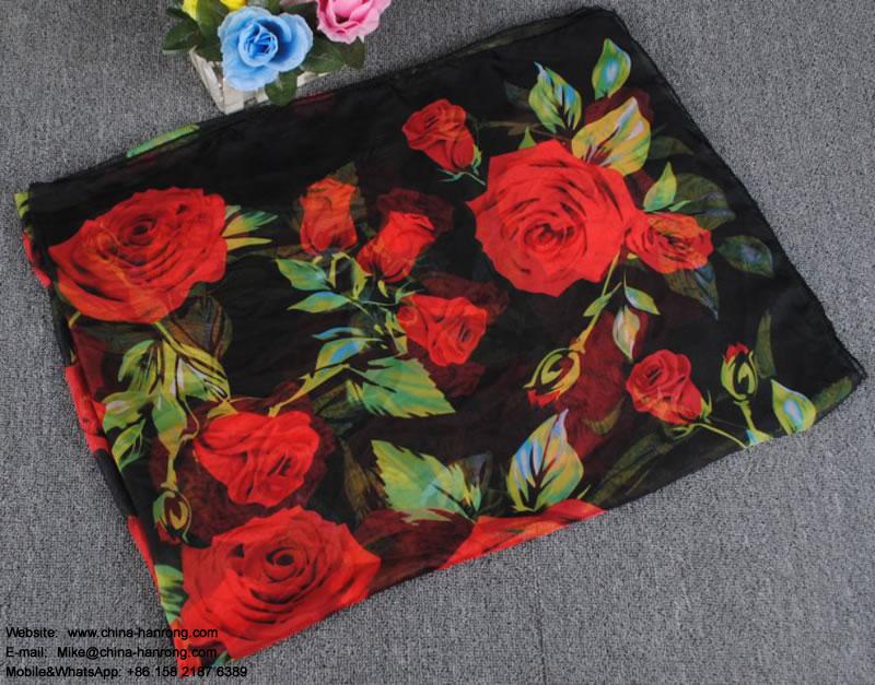 Elegant Rose Printed Multi Color Women Four Seasons Curling Silk Lmitation Scarf