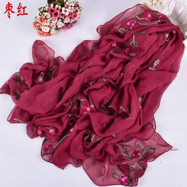Spring Summer New Pure Color Embroidery Flower Long Imitated Silk Beach Scarf