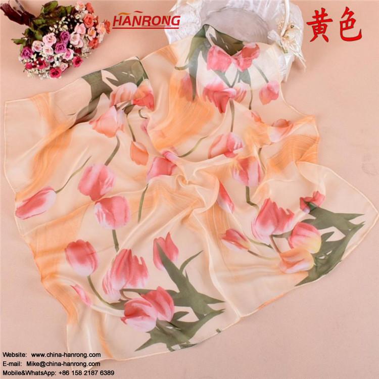 HK Famous Tulip Digital Printed Female Small Professinoal Soft Squre Chiffon Scarf