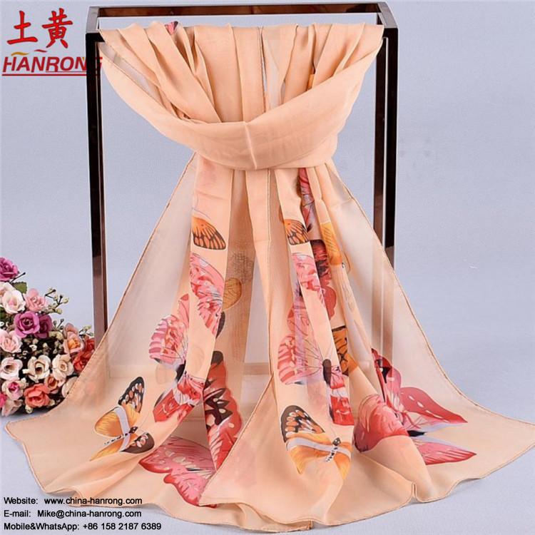 Factory Supply Simple Elegant Butterfly Printed European Style Lady Chiffon Scarf