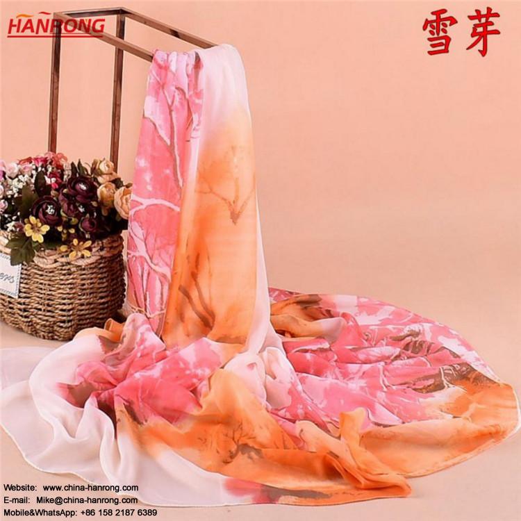 Custom Designed Hanrong Brand Gradual Tree Painted Long Chiffon Shawl Scarf