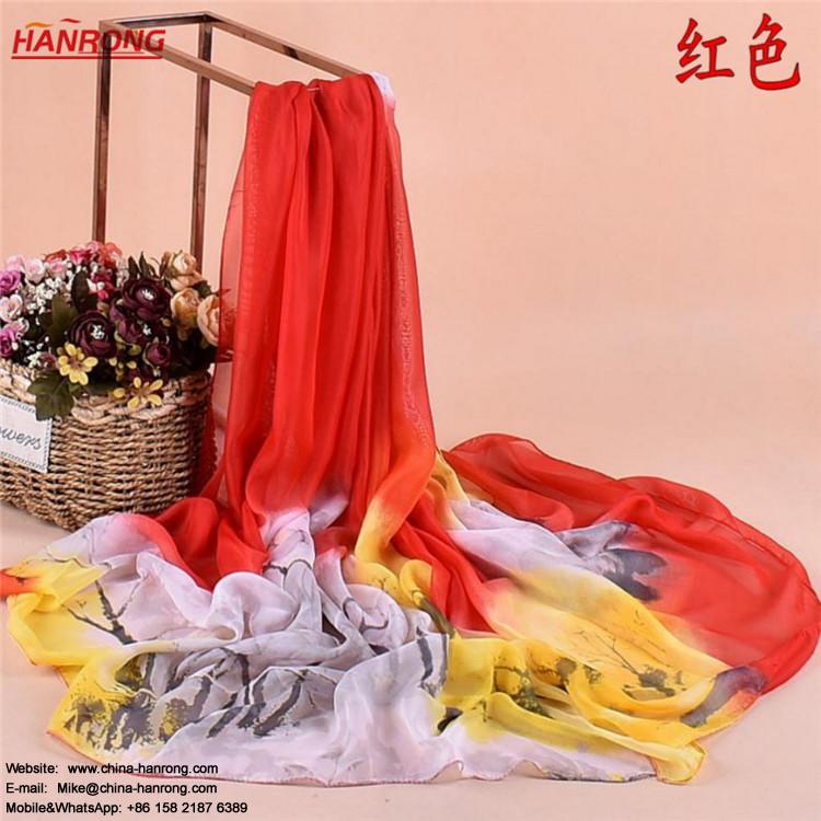 Custom Designed Hanrong Brand Gradual Tree Painted Long Chiffon Shawl Scarf