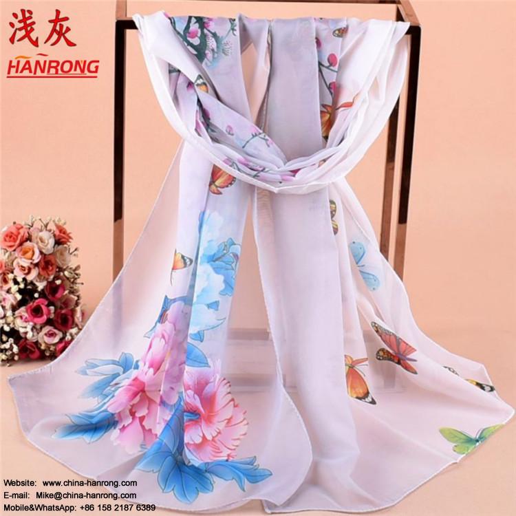 China Spring Summer Butterfly Peony Flower Printed Long Sunscreen Chiffon Scarf