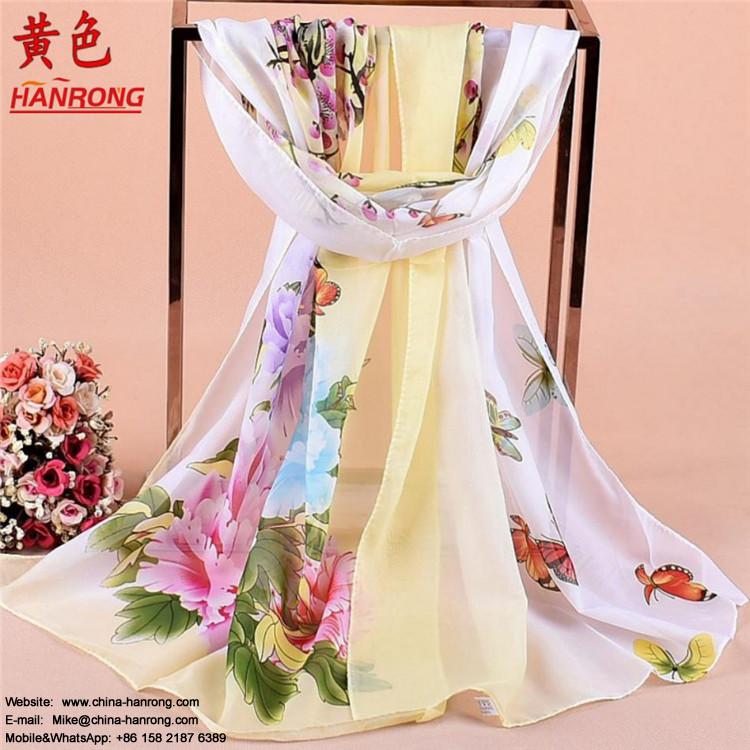 China Spring Summer Butterfly Peony Flower Printed Long Sunscreen Chiffon Scarf