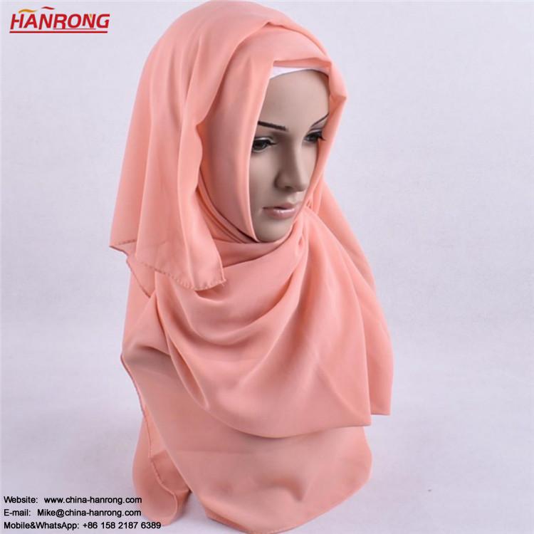 Summer New Pure Color Muslim Pearl Long Wrap Knitted Curling Chiffon Scarf