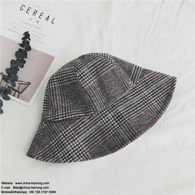 Asia Custom Made Female Woolen Grid Printing Black Red Width Brim Bucket Hat