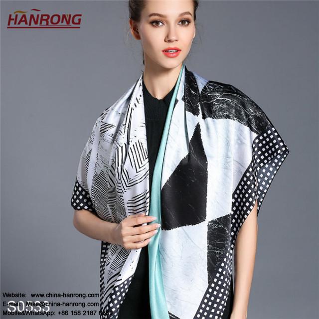 Elegant Beauty European and American Geometry Color Matching Satin Silk Large Square Scarf