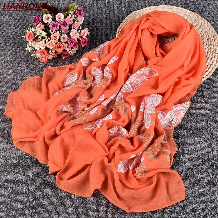 China Travel Popular Plain Lady Summer Embroidery Sunscreen Long Cotton Scarf