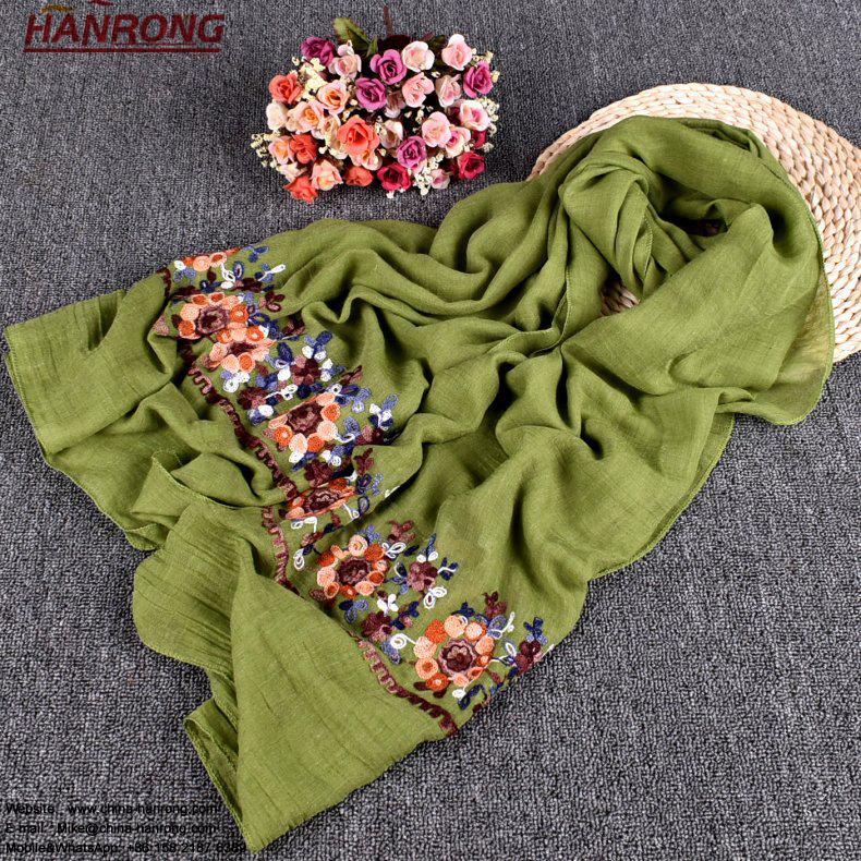 Latest New Pure Color Sunflower Printing Plain Embroidery Curling Cotton Scarf
