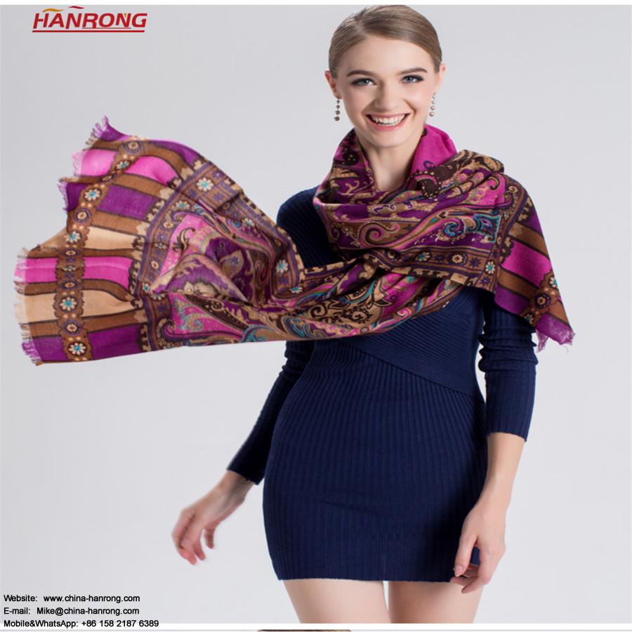 Top Grade Warp Knitting Pastoral Printed Colorful Wool Scarf For Lady