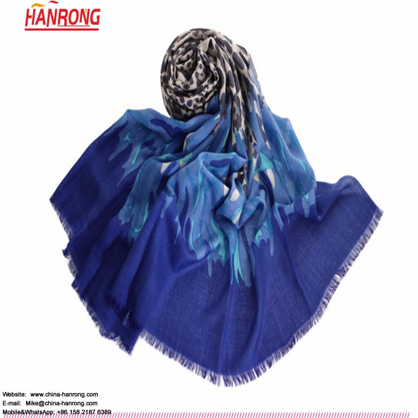 Lady New Blue Long Soft Leopard Printed Fringe Wool Scarves