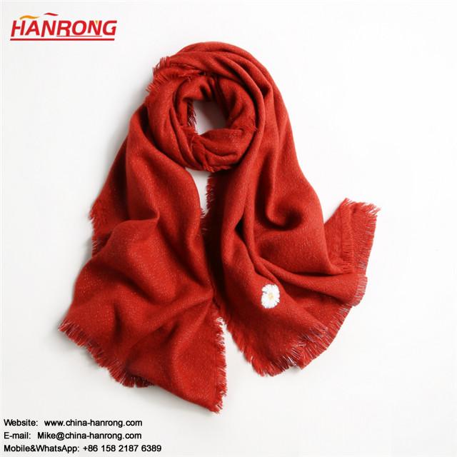 Autumn Winter Pure Color Embroidery Flower Knitted Large Neck Acrylic Neck Scarf
