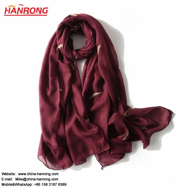 Factory Hotsale Gold Feather Travel Gauze Polyester Cotton Scarf 180x90cm