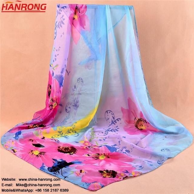 Chinese Style Gradual Color Flower Print Square Chiffon Scarf