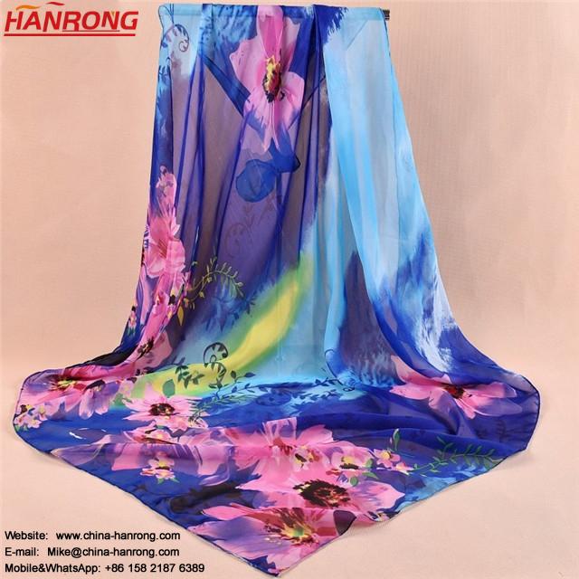 Chinese Style Gradual Color Flower Print Square Chiffon Scarf