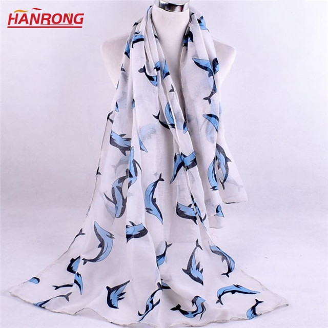Lady Hotsale Cartoon Dolphin Printing Animal Printed All-match Plain Voile Scarf