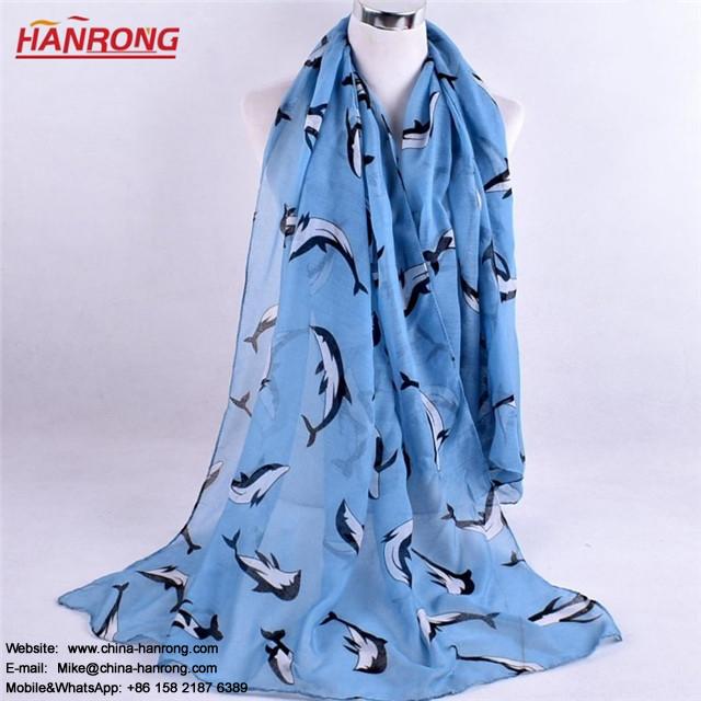 Lady Hotsale Cartoon Dolphin Printing Animal Printed All-match Plain Voile Scarf