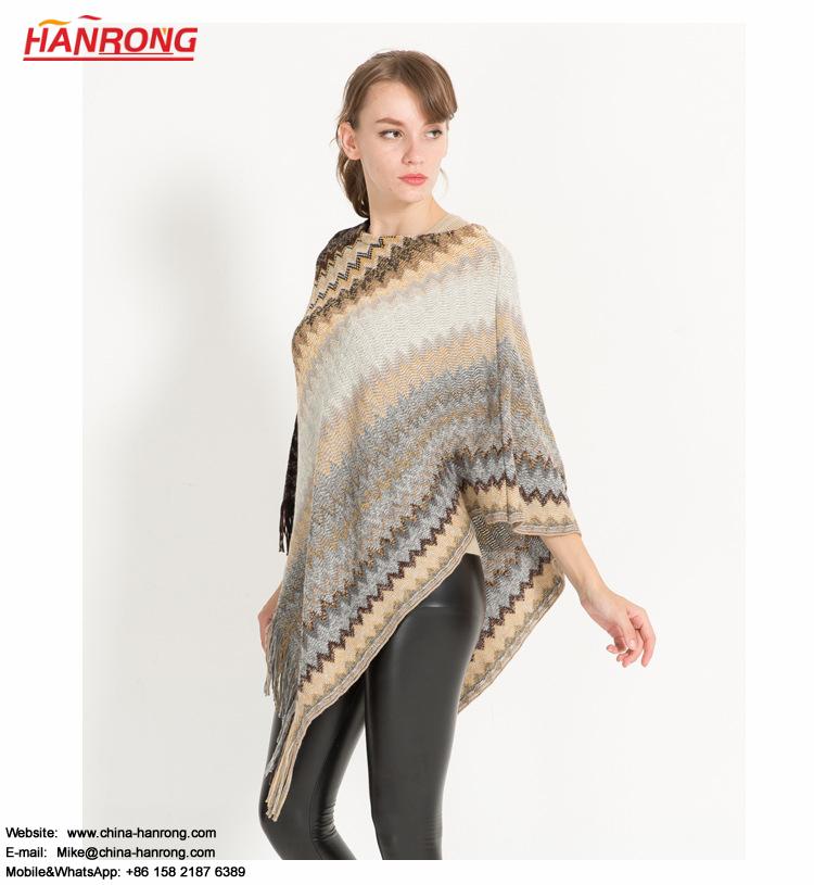 Europe US Autumn Winter Fashion Warp Knitting Stripe Pattern Fringe Warm Acrylic Scarf Cape