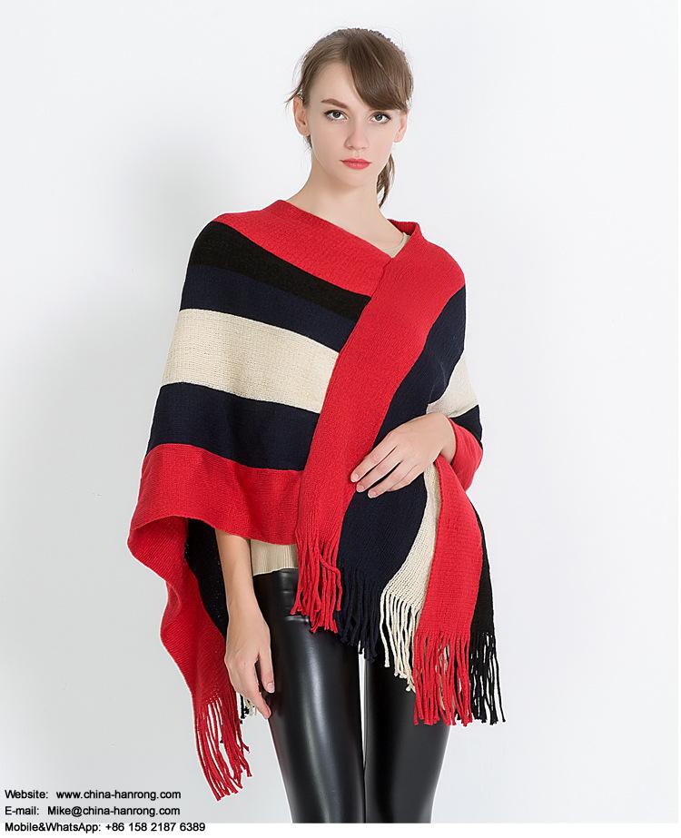 Fashion New Knitting Stitching Color Stripe Fringe Women Pullover Elegant Acrylic Scarf Cape