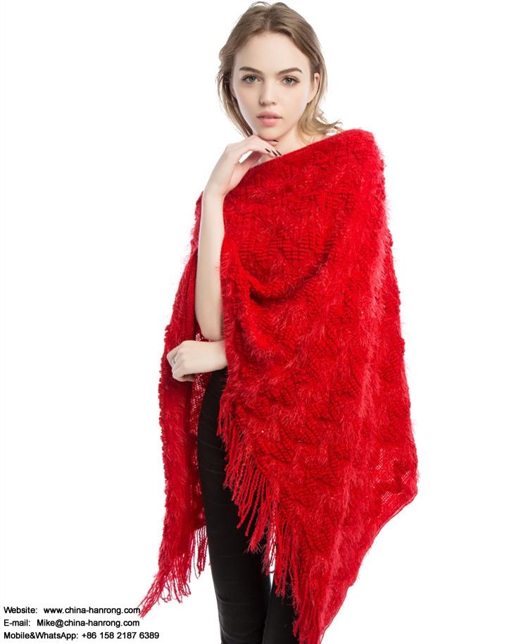 Autumn Winter Warp Knitting Pure Color Lady Pastoral Beautiful Red Acrylic Scarf Cape