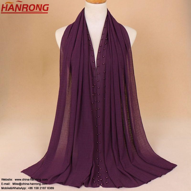 Muslim Female New Warp Knitting Chiffon Folding Pearl Long Pure Color Sexy Chiffon Scarf Hijab