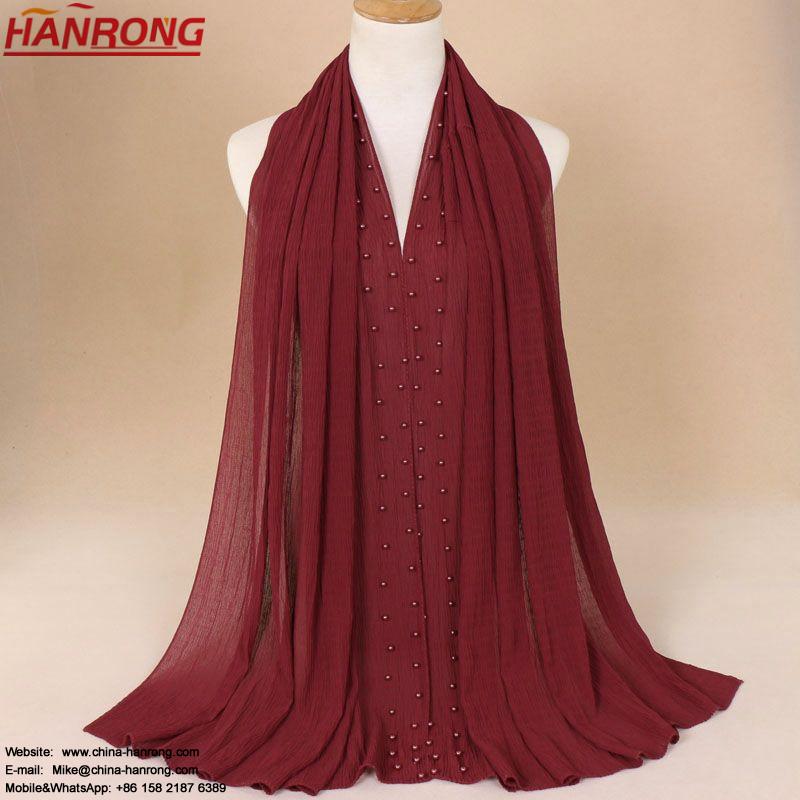 Muslim Female New Warp Knitting Chiffon Folding Pearl Long Pure Color Sexy Chiffon Scarf Hijab
