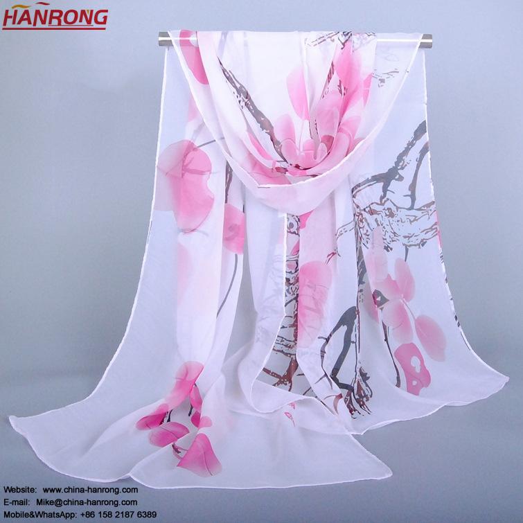 China Design Manufacture Old Tree Flower Printed Plain Classic Favorable Chiffon Scarf For Lady
