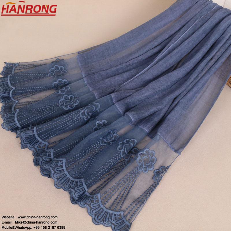 Women Summer New Embroidery Lace Pure Color Plain Traditional Head Cotton Scarf Hijab