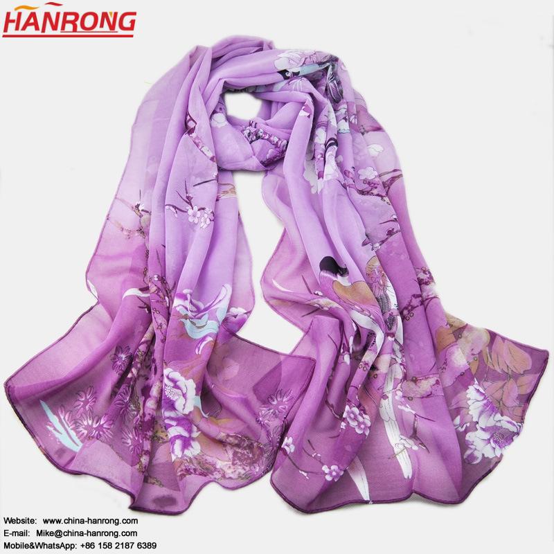 Hanrong Supply Chinese Culture Magpie Printed Plain Spring Summer Lady Pastoral Chiffon Scarf