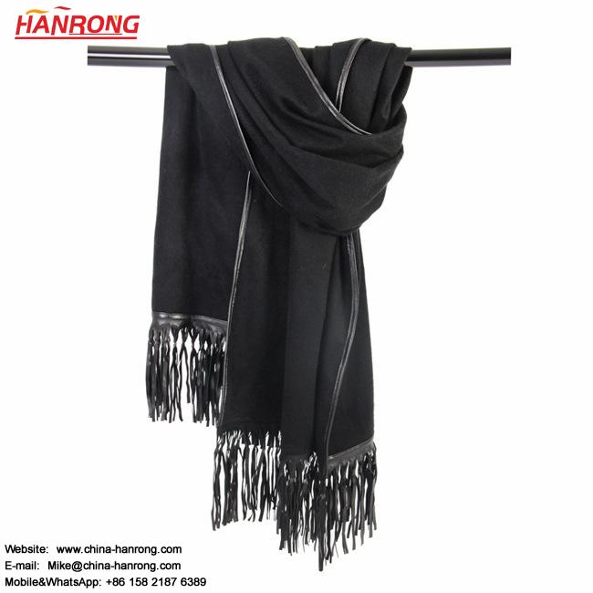 The US Street High Top Solid Color Plain Leather Margin and Leather Fringe Cashmere Scarf Shawl