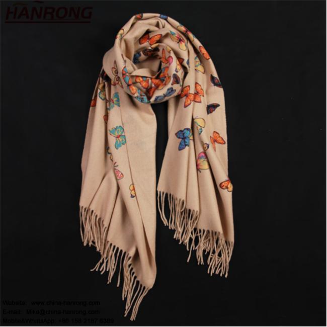 Rome High-end Women Butterflies Printed Twill Fringe Pure Cashmere Pashmina Scarf