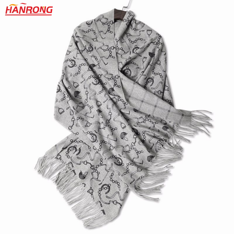 Elegant Women Chains Printed Double Sided Cashmere Pashmina Scarf