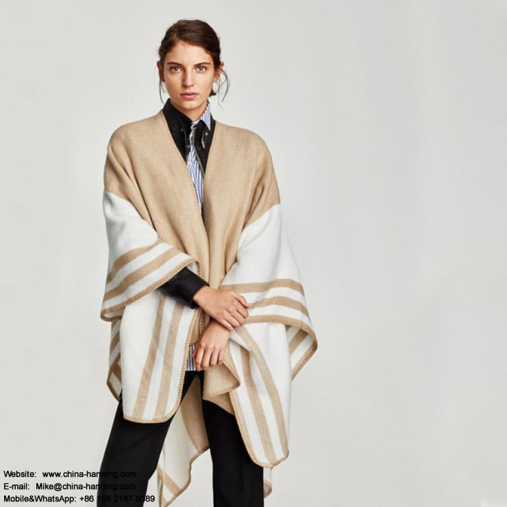 European Latest New Camel Striped Split Cloak Cape Scarf High Quality Fill Knit Cashmere Scarf