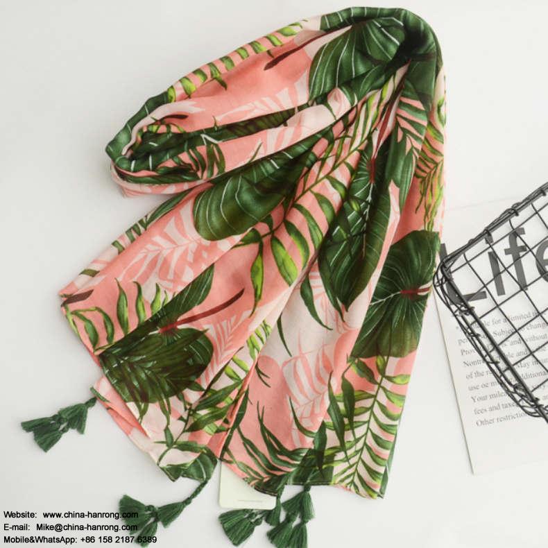 Female Customized Colorful Leaf Printing Cotton Scarf Summer Outdoor Travel Sand Beach UV Protection Fringe Cotton Scarf