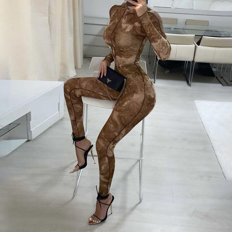 2022 Long Sleeve Print See-Through Ruched Bodysuit Pencil Pants 2 Pieces Sexy Summer Women Streetwear Club 2 piece womens sets